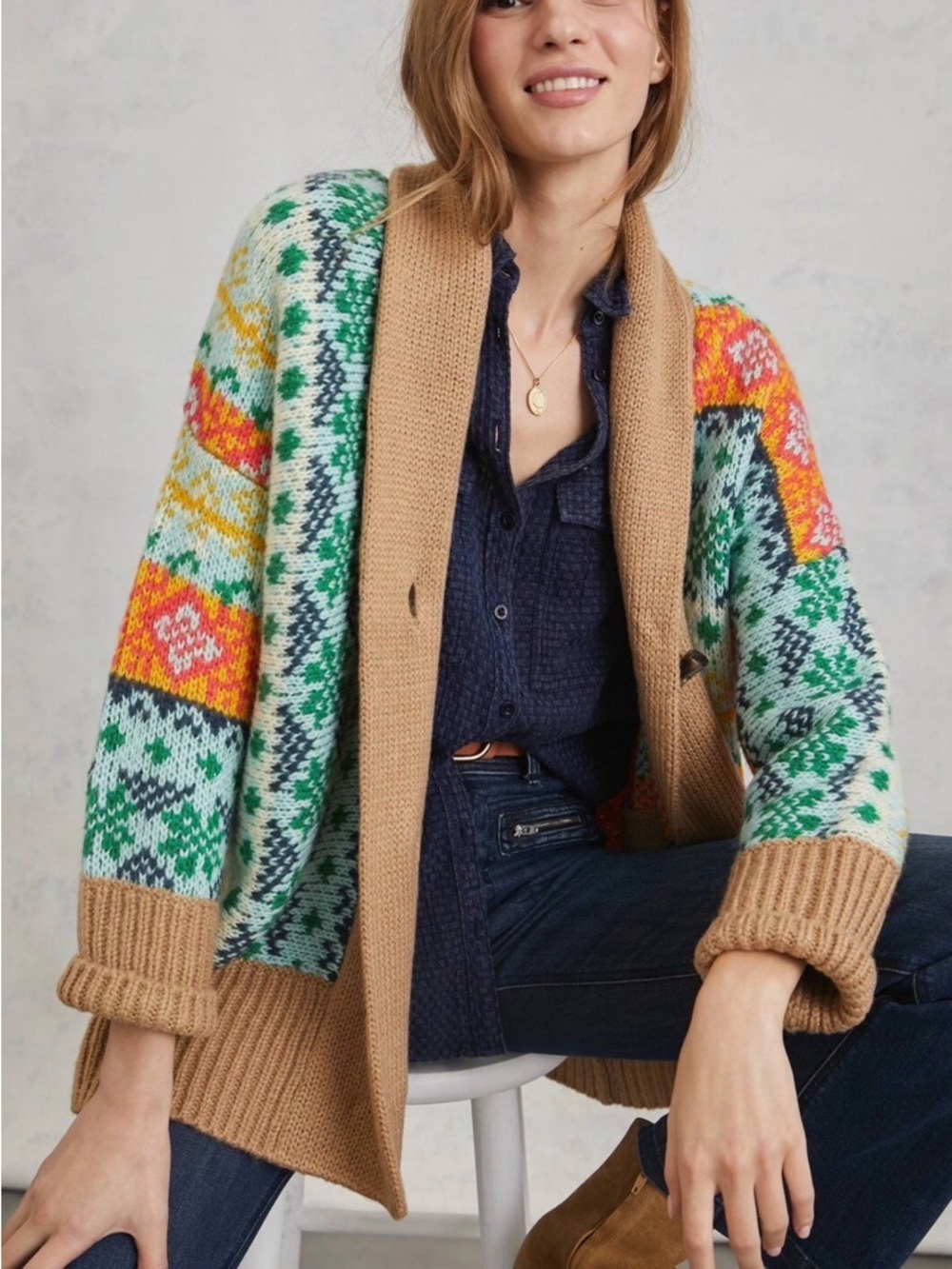 Anthropologie Carlotta Shawl Oversized Cardigan Fair Isle Sweater Size XS/S